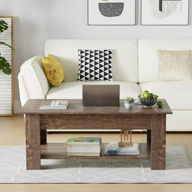 Table Table Basse Basse avec Plateau Relevable Table Basse avec Compartiment Caché et Étagère de Rangement pour Salon Salle de Réception 47,2 Pouces L, Brun