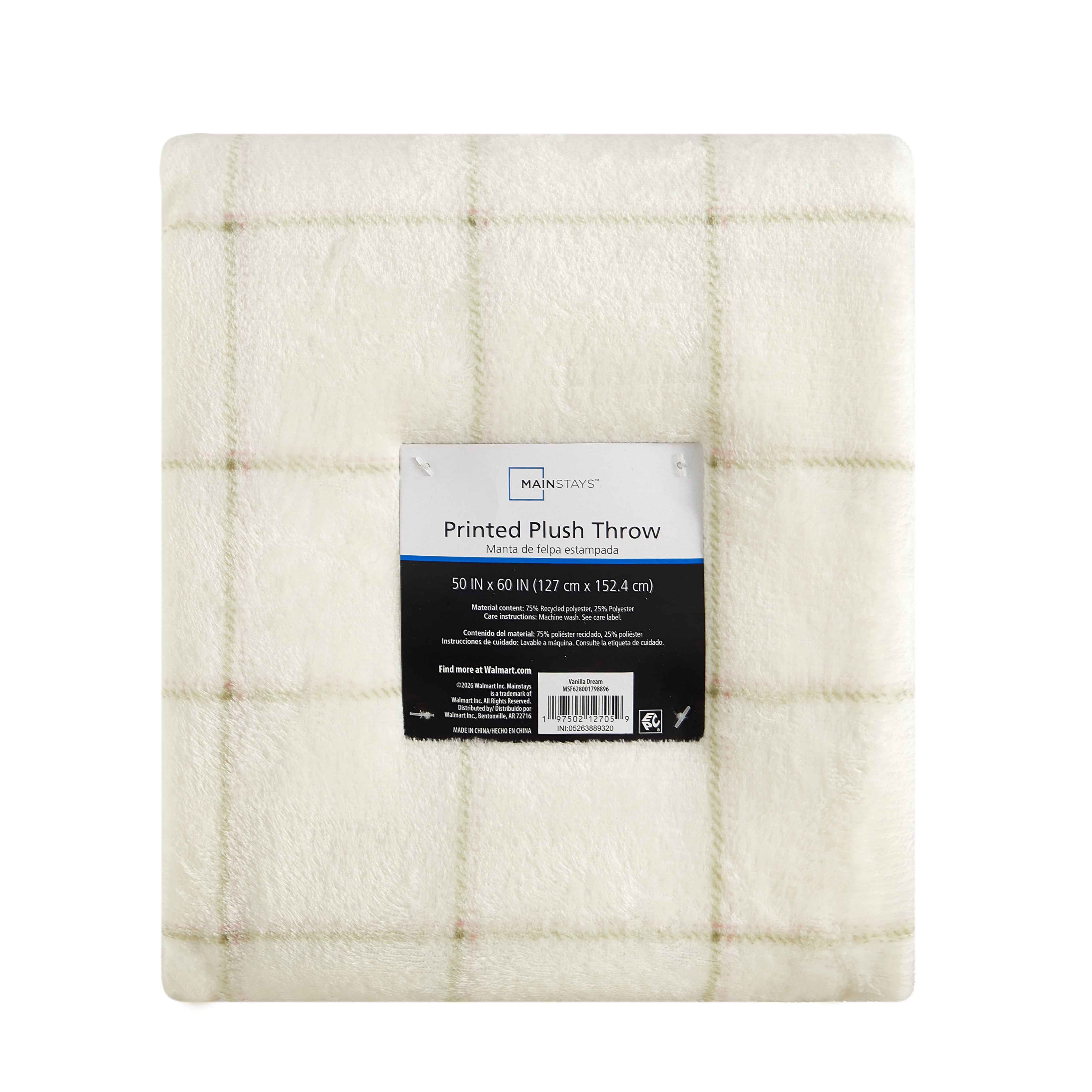 Mainstays Printed Plush Couch Throw Blanket, Vanilla Dream, 50 x 60 in