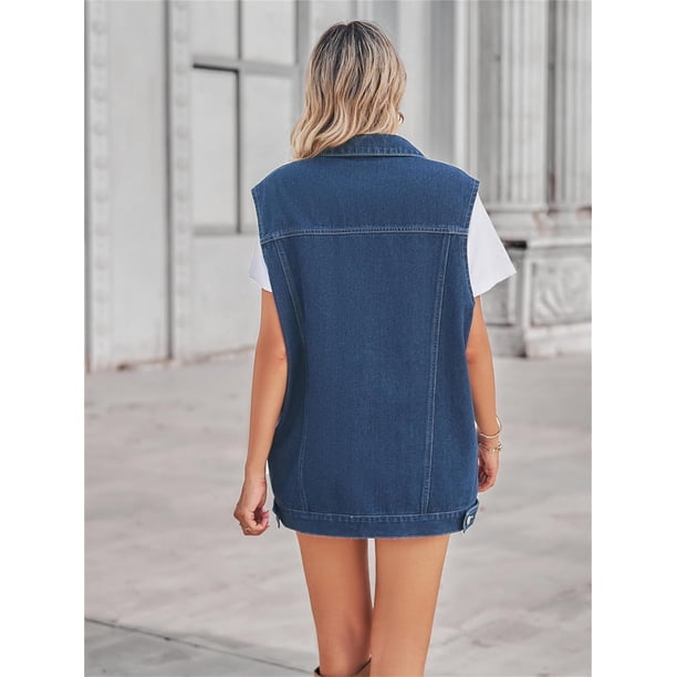 Veste en Jean Oversize Mi-Longue pour Femmes Veste Sans Manches