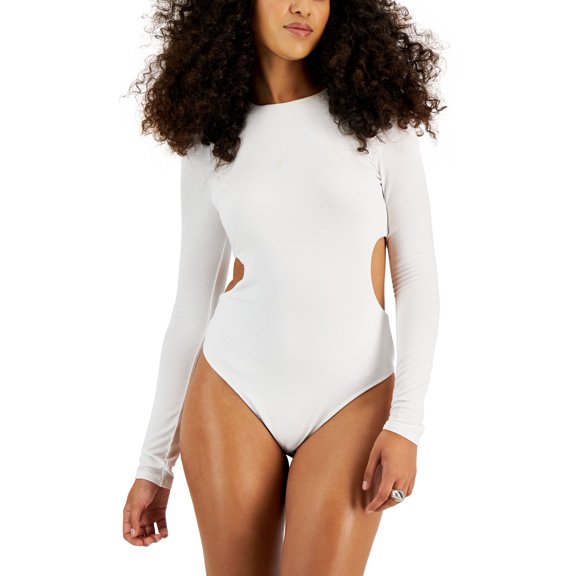 Women's Cut-Out Long-Sleeve Thong Bodysuit Bright White XL