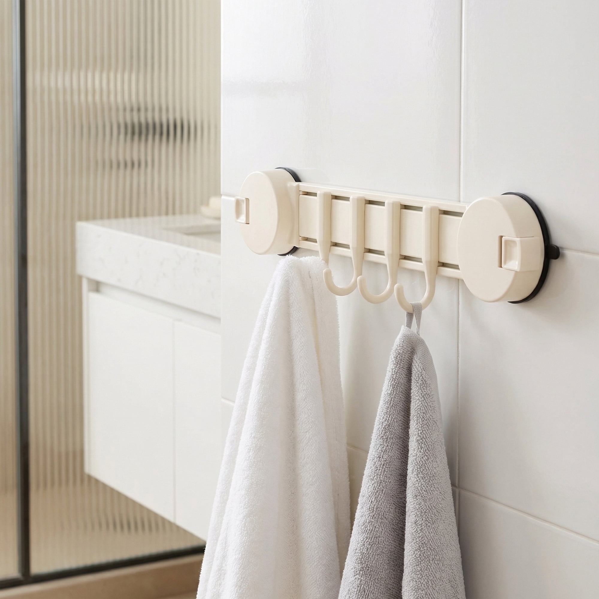 Unique Bargains Coat Rack Wall Mount Suction Cup 4 Hooks for Entryway Milk White