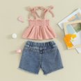 thumbnail image 3 of Okbabeha Kids Girls Summer Outfits Ruffle Suspender Crop Tops Pleated Camisole+Ripped Jeans Shorts Two Piece Clothes Set, 3 of 7