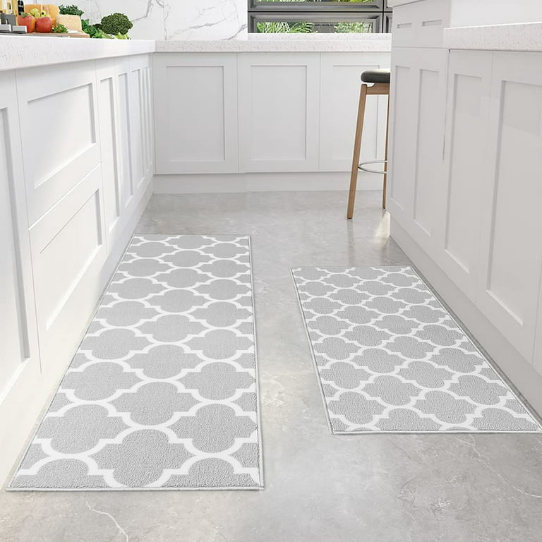 HOMEIDEAS Kitchen Rugs and Mats Set 2 Piece, (30X17+48X17) Grey  Chenille Kitchen Runner Rug for Floor Non Skid Washable, Soft, Absorbent,  Long