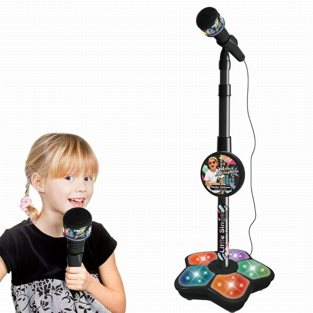 IMENGL Microphone et Support pour Enfants Machines de Karaoké pour Filles Microphone pour Enfants Machine de Karaoké Réglable avec Lumière Pédale Passe-Temps pour Filles Chanter Jouet Musical avec Classification Précoce Clignotante,Éducation