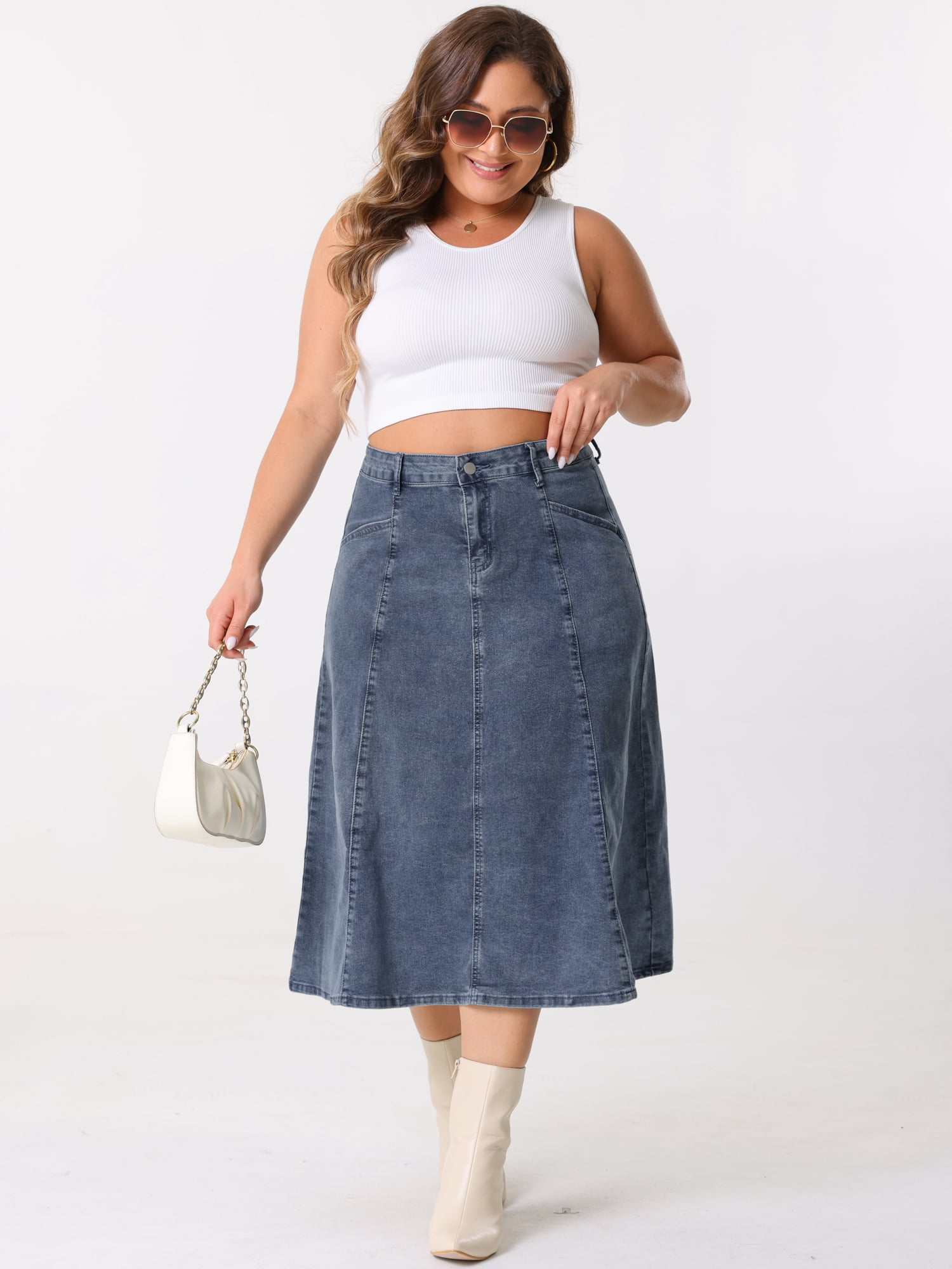 DARING DIVA Women's Plus Denim Skirts with Pockets A-Line Midi Jean Skirt 4X Grey Blue