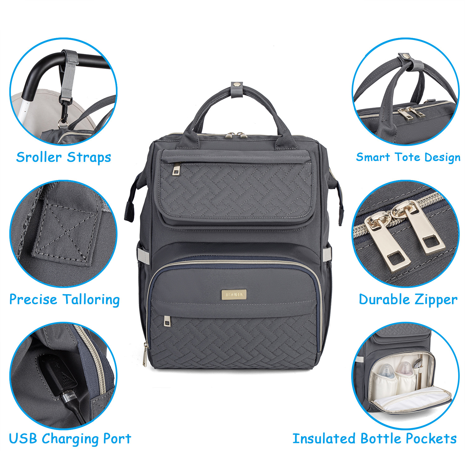 Baby Diaper Bag Backpack Tote Backpack Stroller Hanging Bag Travel Nappy Bag with USB Charging Port for Outdoor Working Mommy Bag(Gray)