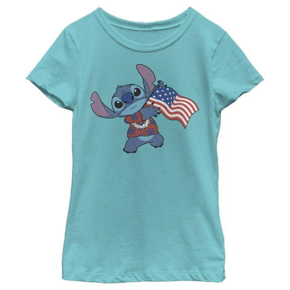 Girl's Lilo & Stitch Tropical American Flag  Graphic Tee Tahiti Blue Large