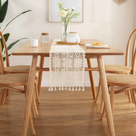 

Hotian Macrame Knit Fall Table Runner with Tassel for Kitchen Dining and Home Decor Beige 94 x9.5