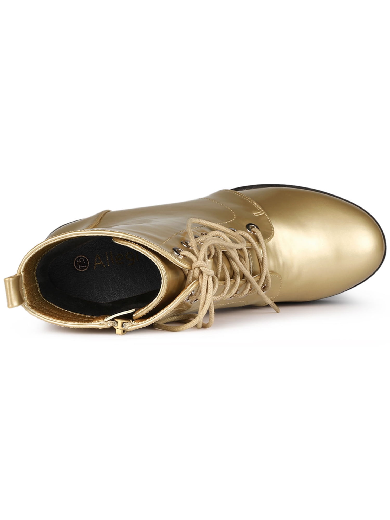 Unique Bargains Women's Platform Chunky High Heel Lace up Combat Boots Gold 7.5