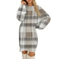 thumbnail image 2 of Women's Round Neck Casual Long Sleeve Plush Plaid Print Dress for Winter Lounging and Casual Outfits,Brown,XL, 2 of 7