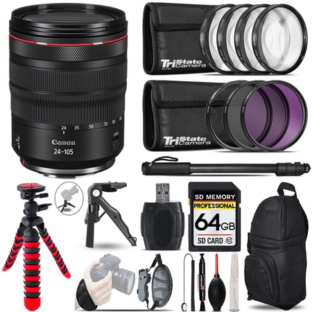 Canon RF 24-105mm f/4 L IS USM Lens + MACRO  UV-CPL-FLD Filter + Monopad - 64GB Accessory Kit