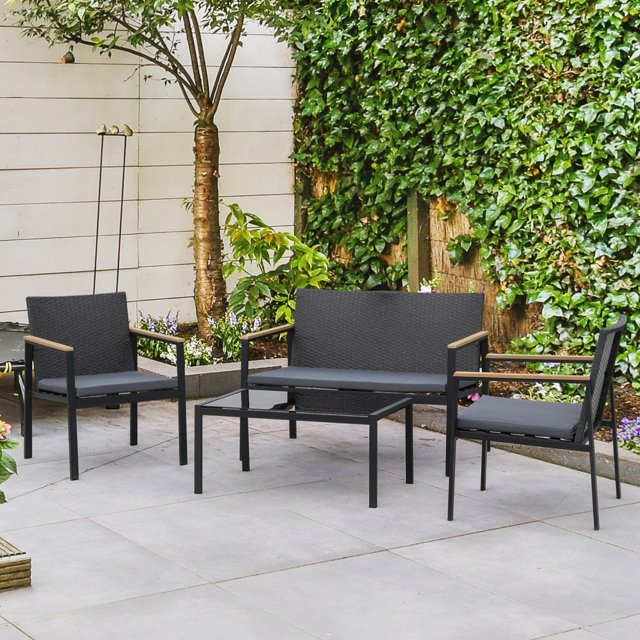 Stylish 4 Piece Black Rattan Wicker Patio Furniture Set with Grey Cushions