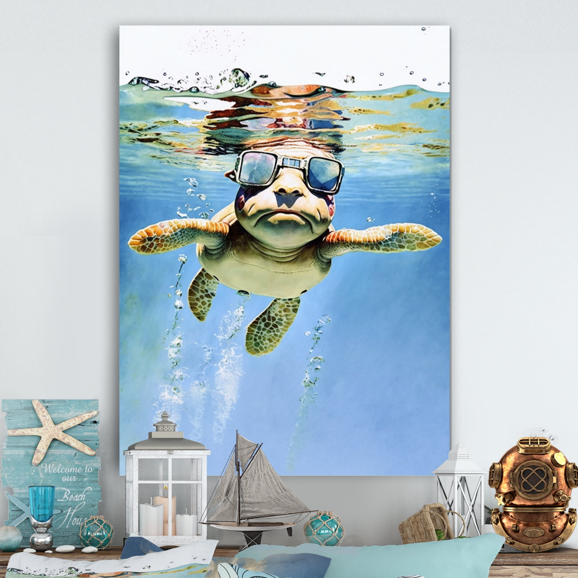 Designart Turtle With Glasses In The Ocean I Canvas Wall Art