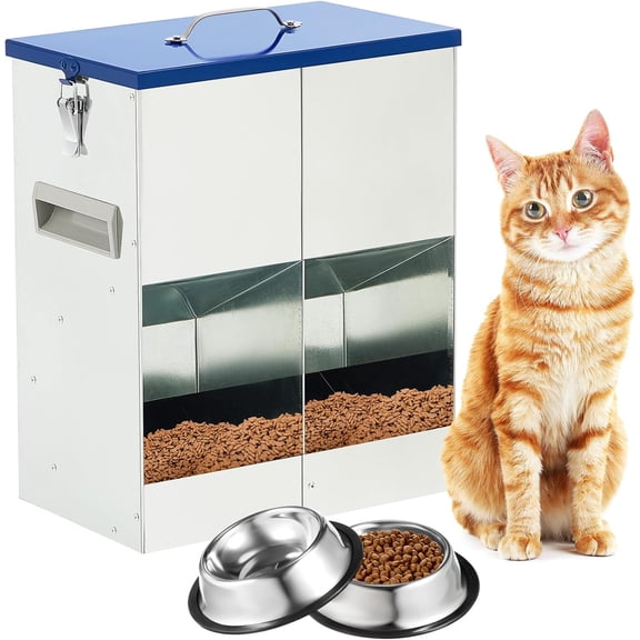 Automatic Feeder for 2 Cats Outdoor Galvanized 42cups/10l Double Feeder with 2 Stainless Steel Water Bowls for Small Pets Cats Dogs Outdoor Indoor Dry Food Dispenser