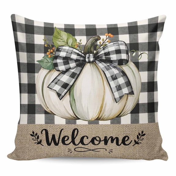 Thanksgiving Throw Pillow 18x18 Inch, Fall White Pumpkin Leaves Black Plaid Waterproof Outdoor Pillow Covers with Insert, Decorative Pillowcase Cushion for Couch, Sofa, Bed, Patio, Garden
