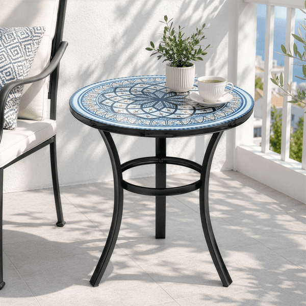 19.5 inch Side Table, Round Iron Top with Tripod Legs, Indoor Outdoor Accent End Table, Blue & White Mandala Mosaic