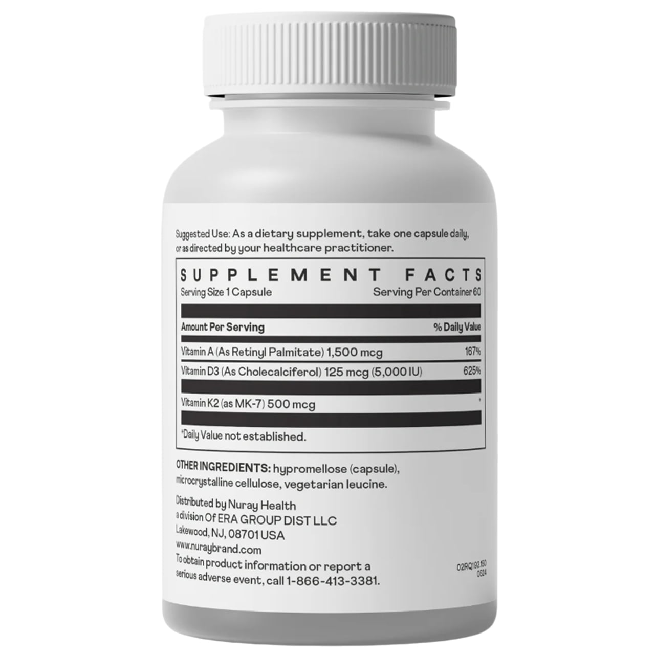 Nuray ADK Vitamin A D3 K2 Supplement, Bone & Teeth Wellness Support, Vegetarian Gluten Free, 60 Capsules
