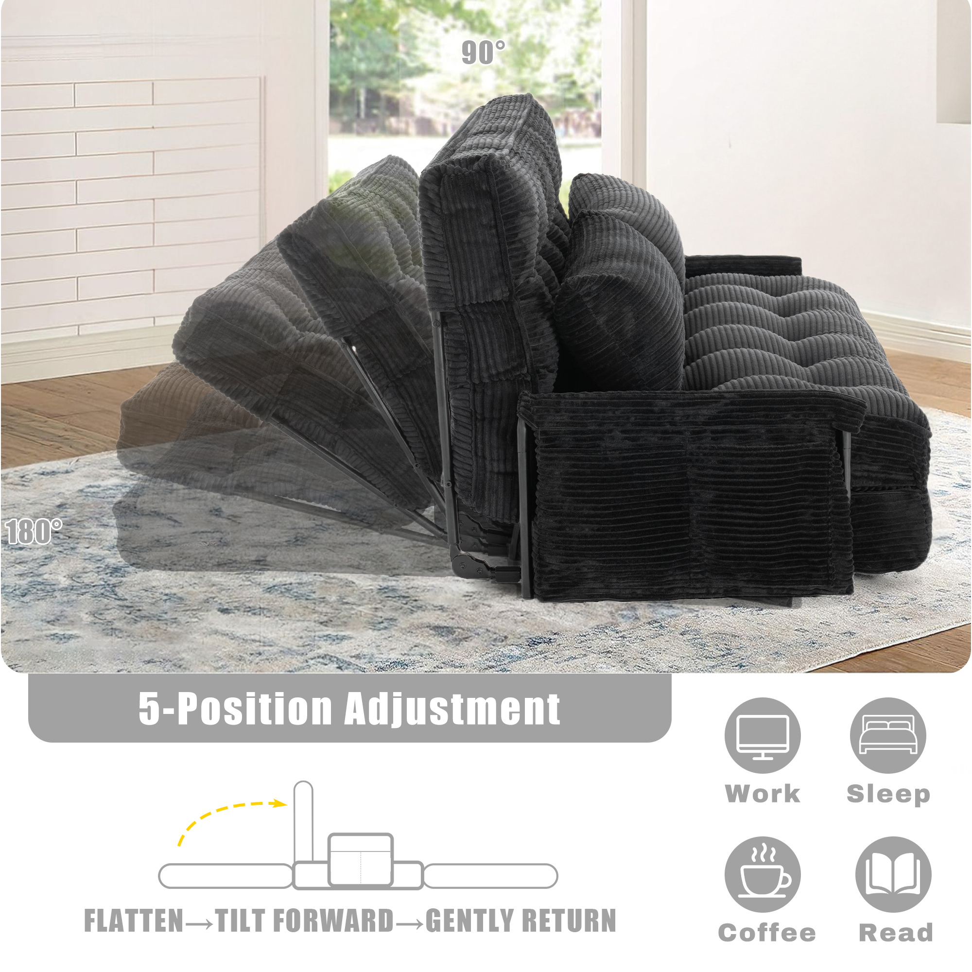 Convertible 5-Position Foldable Lazy Sofa Sleeper Bed with Armrest,Adjustable Floor Sofa Couch with 2 Pillows,Fold Out Floor Couch,Black
