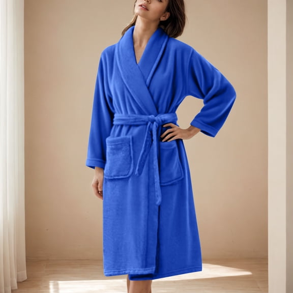 Riecok Womens Bathrobes Fleece Cozy Soft Long Sleeve Warm Bathrobe with Front Pockets and Tie Closure Causal Loungewear Sleepwear Blue 3XL