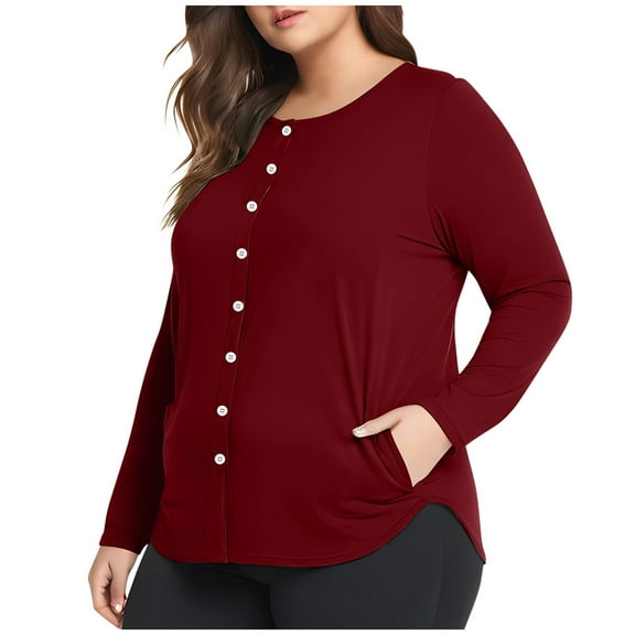 Ltctricy Women's Plus Size Tops Soft Casual Crew Neck Long Sleeve Button down Shirts Lightweight Cardigans with Pockets
