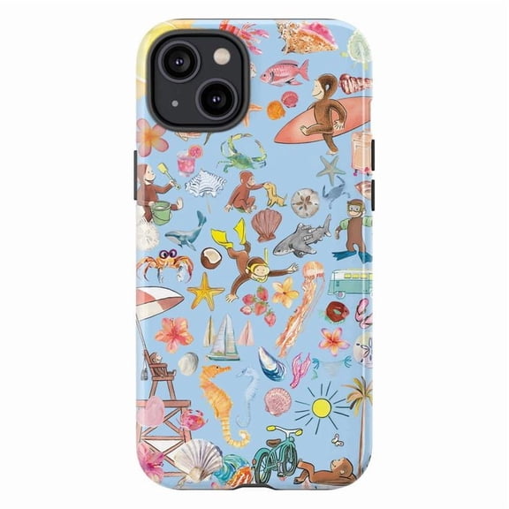 Curious Monkey Beach Day Phone Case, Tropical Ocean Adventure Collage on Blue iPhone Cover, Fun Summer Surf Design for iPhone 16 15 14 13 12 11 Pro Plus Max Mini