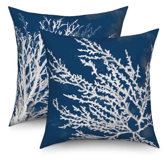 Dashan Navy Blue Coral Throw Pillow Covers 18x18 Set of 2,Coastal Beach Linen Pillow Cases for Sofa Couch Bedroom Decor