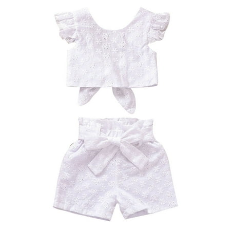 

GWAABD Clothing for Kids White Cotton Blend Summer Toddler Girls Fly Sleeve Solid Color Lace Tops Bowknot Skirt Two Piece Outfits Set for Kids Clothes 120