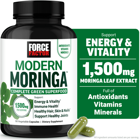 Force Factor Modern Moringa Capsules, Complete Green Superfood to Support Energy, Immune Health, and Hair, Skin & Nails with Vitamins D, B6, B12, Biotin & Antioxidants, 90 Capsules