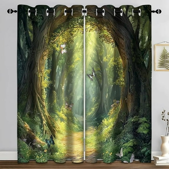 Forest Blackout Curtains, Butterfly Nature Lanscape Scene Window Curtain Darkening Thermal Insulated Window Drapes For Living Room Bedroom Decor 53"W x 63"L (Pack of 2)