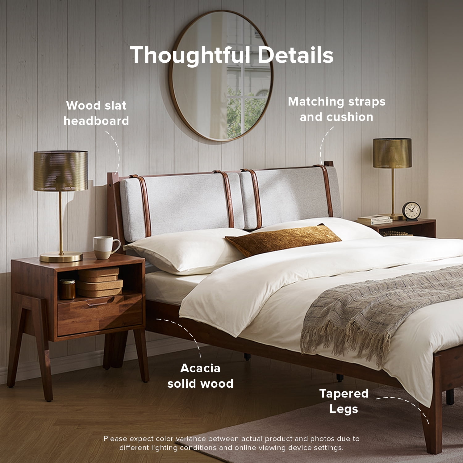 mopio Ted Bed Frame with Removable Upholstered Headboard, Mid Century Modern Acacia Solid Wood Platform Bed Frame, Walnut (Queen Upholstered Bed)