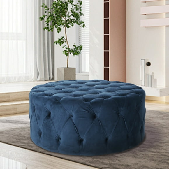 40" Large Round Ottoman with Velvet Upholstery, Button-Tufted Coffee Table for Living Room, Bedroom, or Office Space, Blue