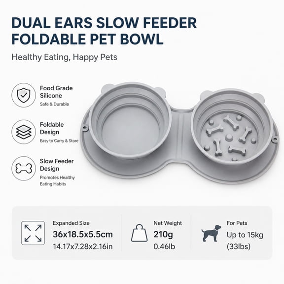 Foldable Double Pet Bowl with Slow Feeder, Portable Silicone Dog and Cat Travel Bowl for Food and Water, Space-Saving Collapsible Feeding Mat for Camping and Hiking, 1PC