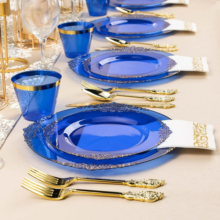 700PCS Clear Blue Plastic Plates for 100 Guests, Disposable Plates