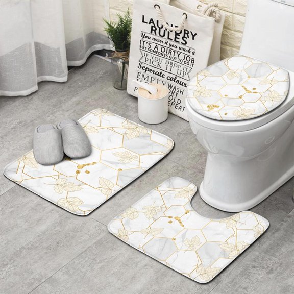 White Gold Leaf Marble Pattern Bathroom Rugs Sets 3 Piece,Toilet Cover Set,Absorbent Non Slip Bathroom Mats Sets with U-Shaped Contour Rug Toilet Rug Set