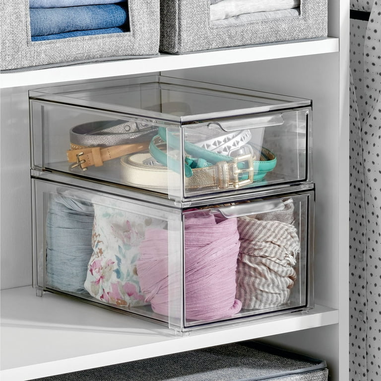 mDesign Stackable Plastic Storage Closet Bin Boxes - 2 Pull-Out Drawers -  Clear