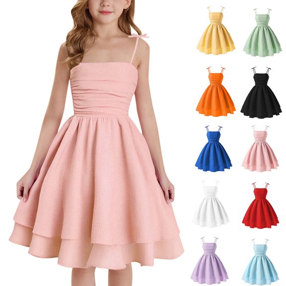 AWZXDE Girls Summer Dresses Solid Spaghetti Strap Sleeveless A Line Flowy Casual Sundress for Daily Wear