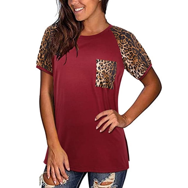 Hauts d'Été pour Femmes 2023 Femmes T-Shirt Blouse à Manches Courtes à Col Rond avec Poche à Imprimé Léopard à Empiècements