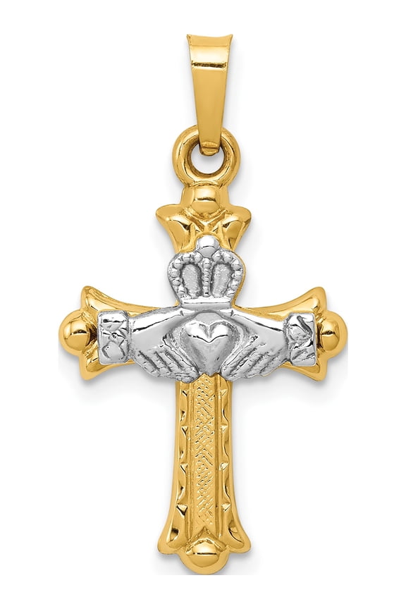 14K Two-Tone Claddagh Cross Pendant (28 X 15) Made In United States xr717