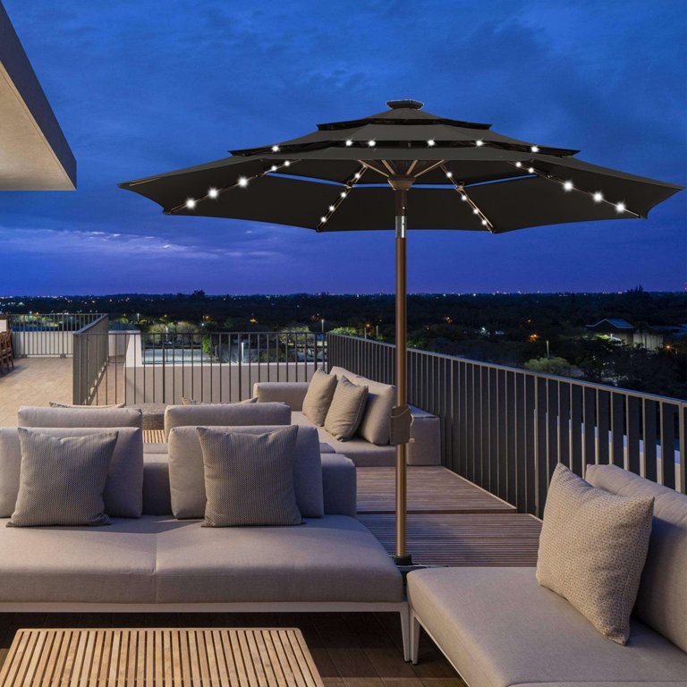 eliteshade 9' 3-tiered sunbrella patio umbrella. EliteShade Sunbrella Solar 9ft 3 Tiers Market Umbrella with 80 LED Lights  Patio Umbrellas Outdoor Table with Ventilation and 5 Years Non-Fading