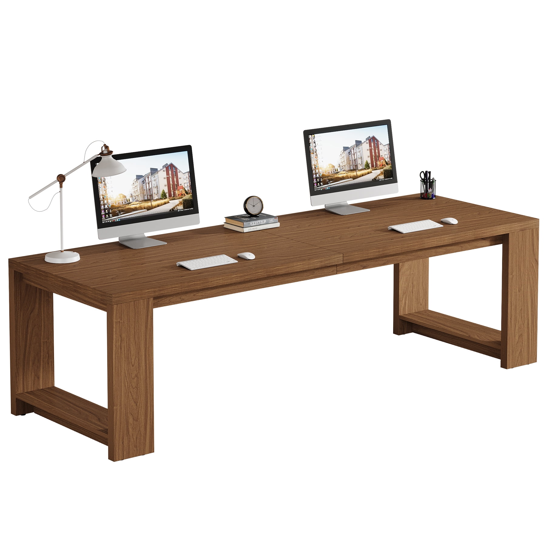 Tribesigns 86.6-inch Extra Long Desk, Wooden 2 Person Desk with Sturdy Legs, Large Double Computer Desk for Home Office, Walnut (Set of 2)