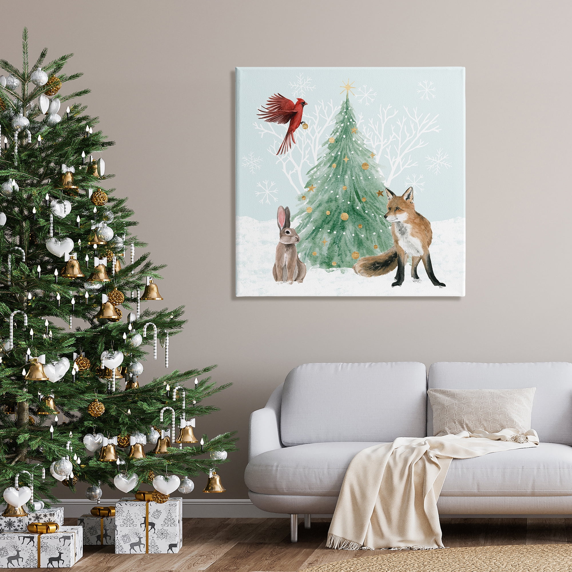 Wintery Wildlife Decorated Christmas Tree Snowflakes Animals & Insects Painting Gallery-Wrapped Canvas Print Wall Art