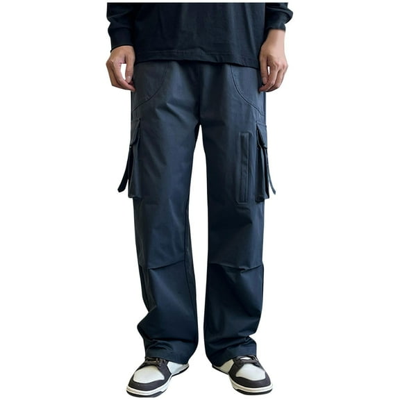 successthop Cargo Pant Elastic Waist for Men Drawstring Solid Workwear with Pockets Straight Casual Trousers