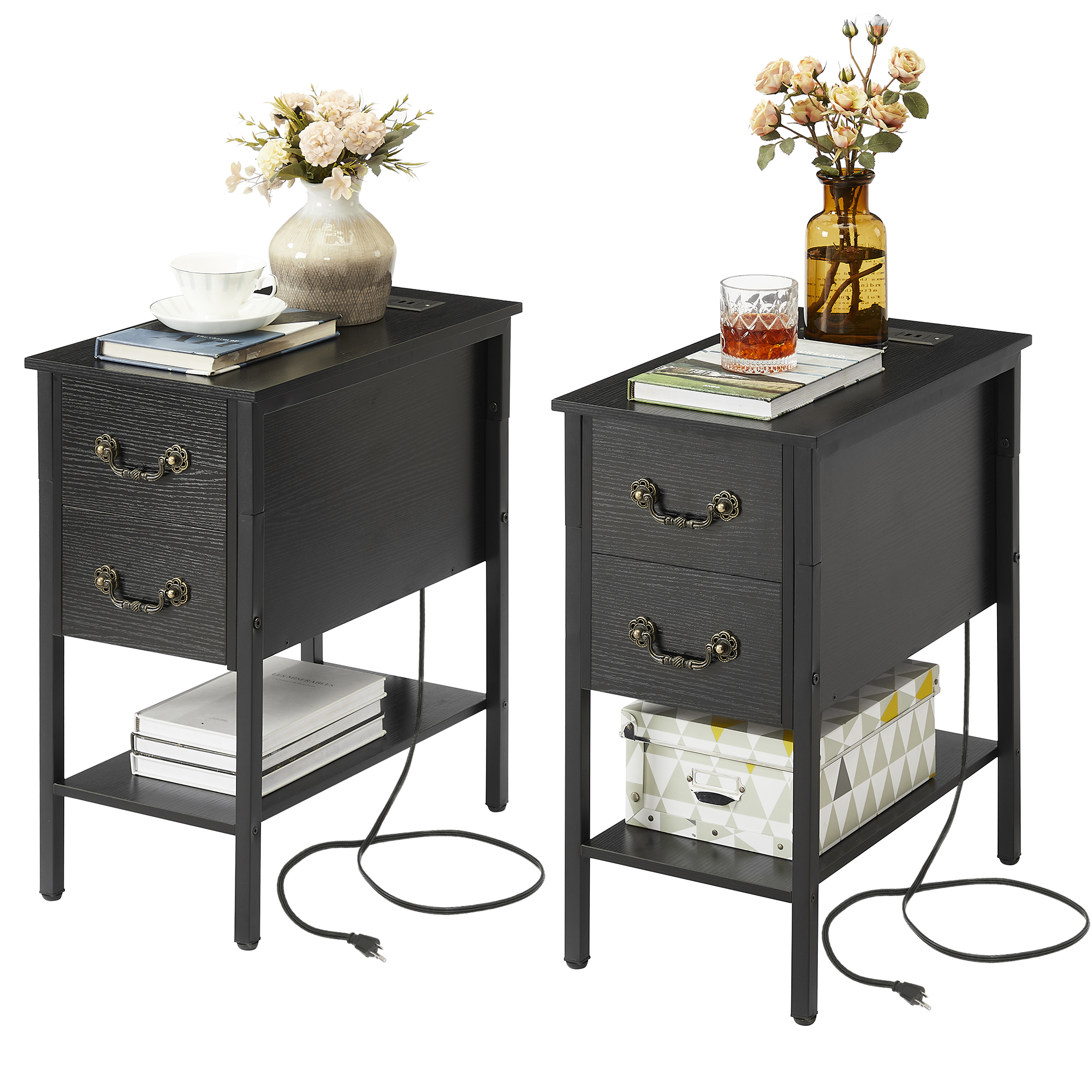 VECELO Set of 2 Nightstand with Charging Station, Tall End/Side Table