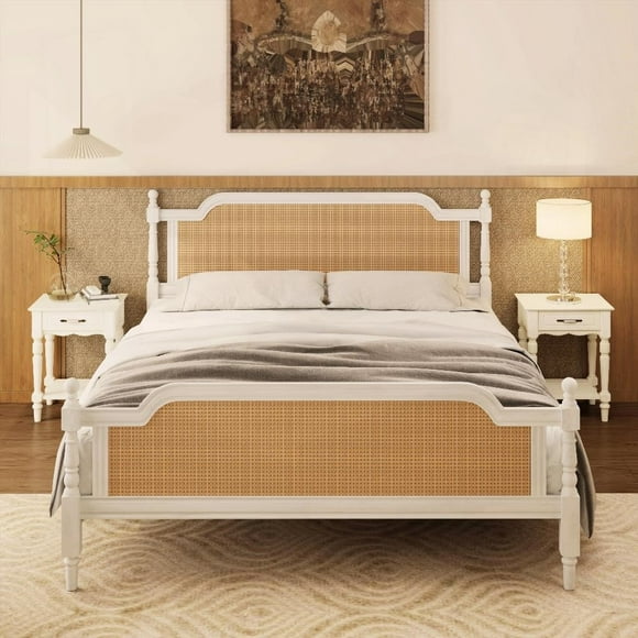 Rattan & Pine Crafted French Bed: Two Sizes & Colors Available