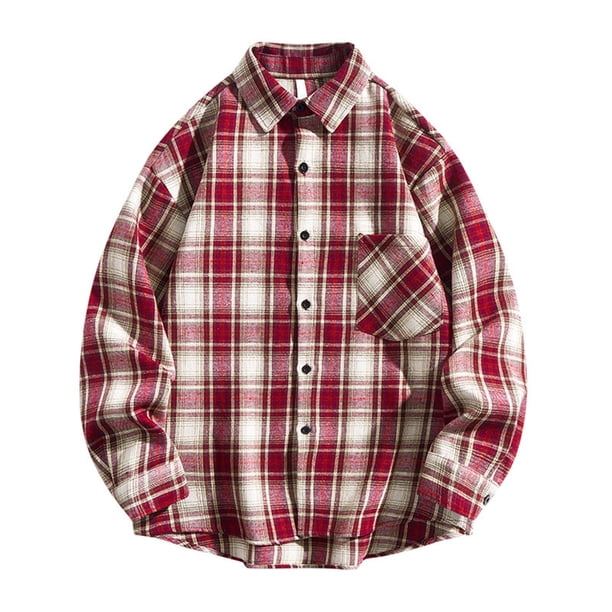 Camisas de los Hombres de Manga Larga Casual Vintage Comprobar Cuadrado Botón Abajo Cuello de Solapa Poliéster Blusa Primavera Otoño Partido Playa
