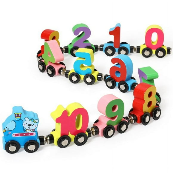 Montessori Toys for 2 3 4 Years Old Toddlers Boys and Girls ,12 PCS Wooden Train Set Magnetic Wooden Number Train Set Includes 1 Engine Car Compatible with Major Brands Train Set Tracks