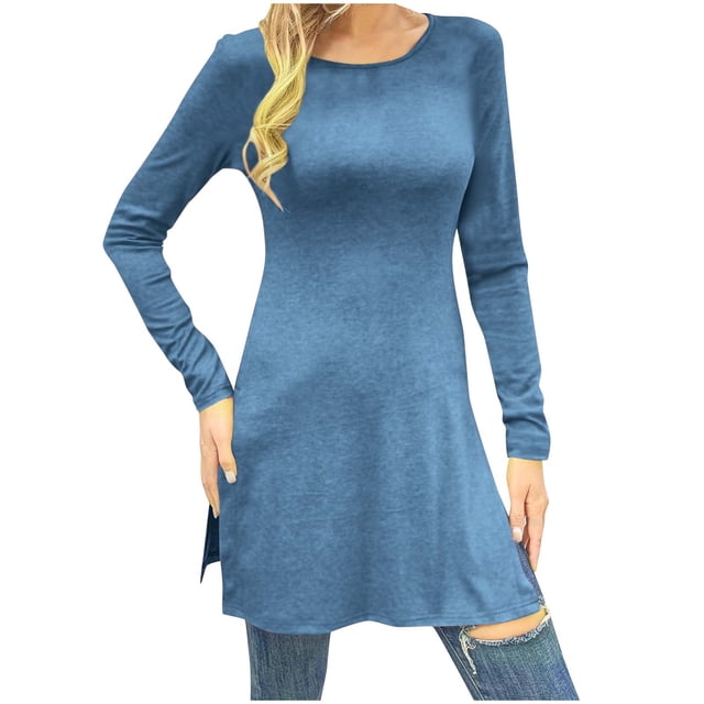 AherBiu Hauts Longs pour Femmes, Col Rond Fendu, Manches Longues, Tunique Slim à Porter avec des Leggings