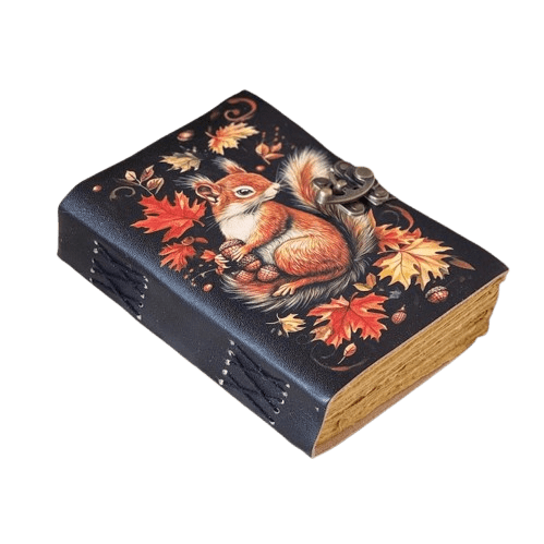 Handmade Leather Journal with Autumn Squirrel Artwork – 5x7 inch Vintage Notebook, 200 Handmade Paper Pages, Locking Clasp, Artisan Sketchbook & Diary