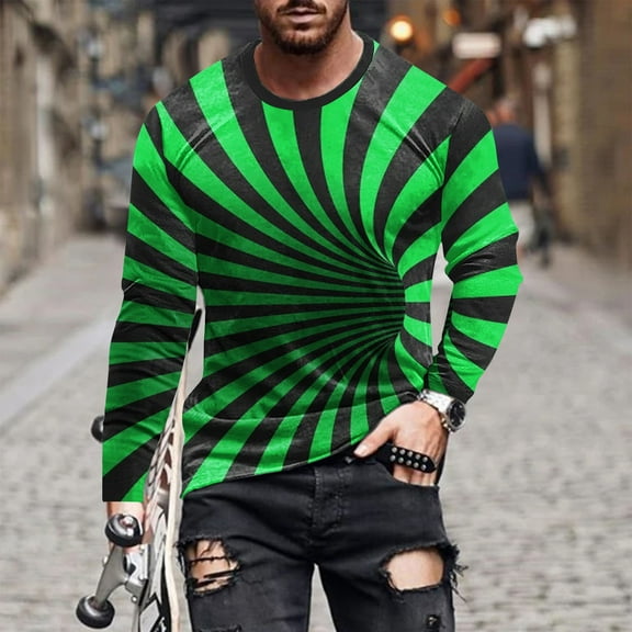 Mens Plus Size Crewneck T-Shirts Big & Tall S-5X Long Sleeve Stretchy Slim Tees Tops Casual Stripe Printed Basic Comfort Pullover T-Shirts