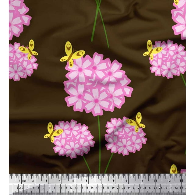 Soimoi Brown Poly Georgette Fabric Insect & Floral Artistic Decor Fabric Printed BTY 52 Inch Wide